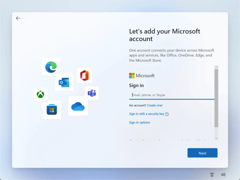 Windows 11 local account setup screen