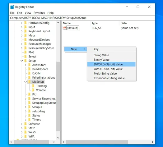 Creating the AllowUpgradesWithUnsupportedTPMOrCPU DWORD value and setting it to 1