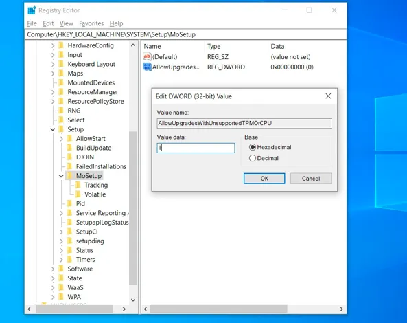 Registry Editor open at HKEY_LOCAL_MACHINE\SYSTEM\Setup\MoSetup